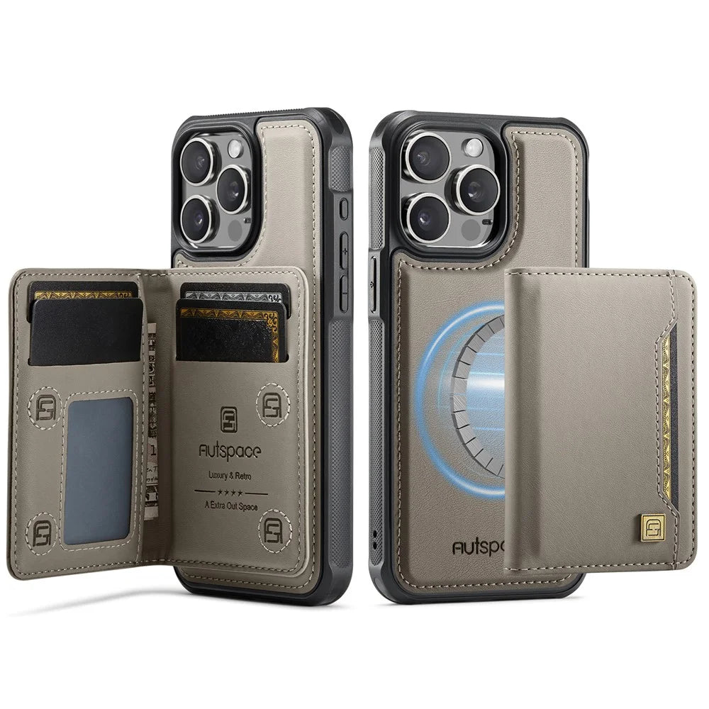 AUTSPACE For iPhone 12 Pro Max 6.7 inch Case  A13 Vintage Leather Back Cover with Magnetic Detachable Card Bag - Grey - 1