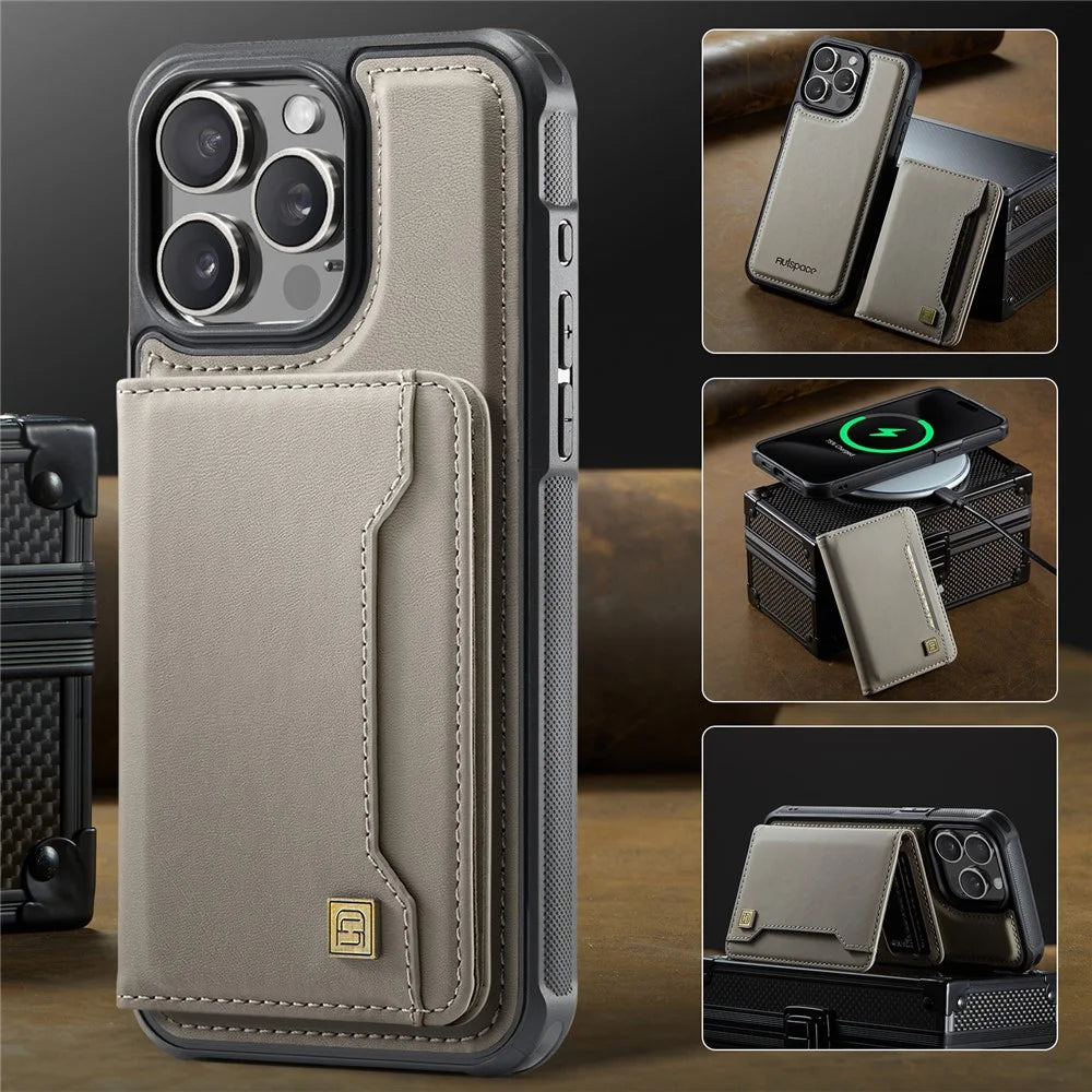 AUTSPACE For iPhone 12 Pro Max 6.7 inch Case  A13 Vintage Leather Back Cover with Magnetic Detachable Card Bag - Grey - 5