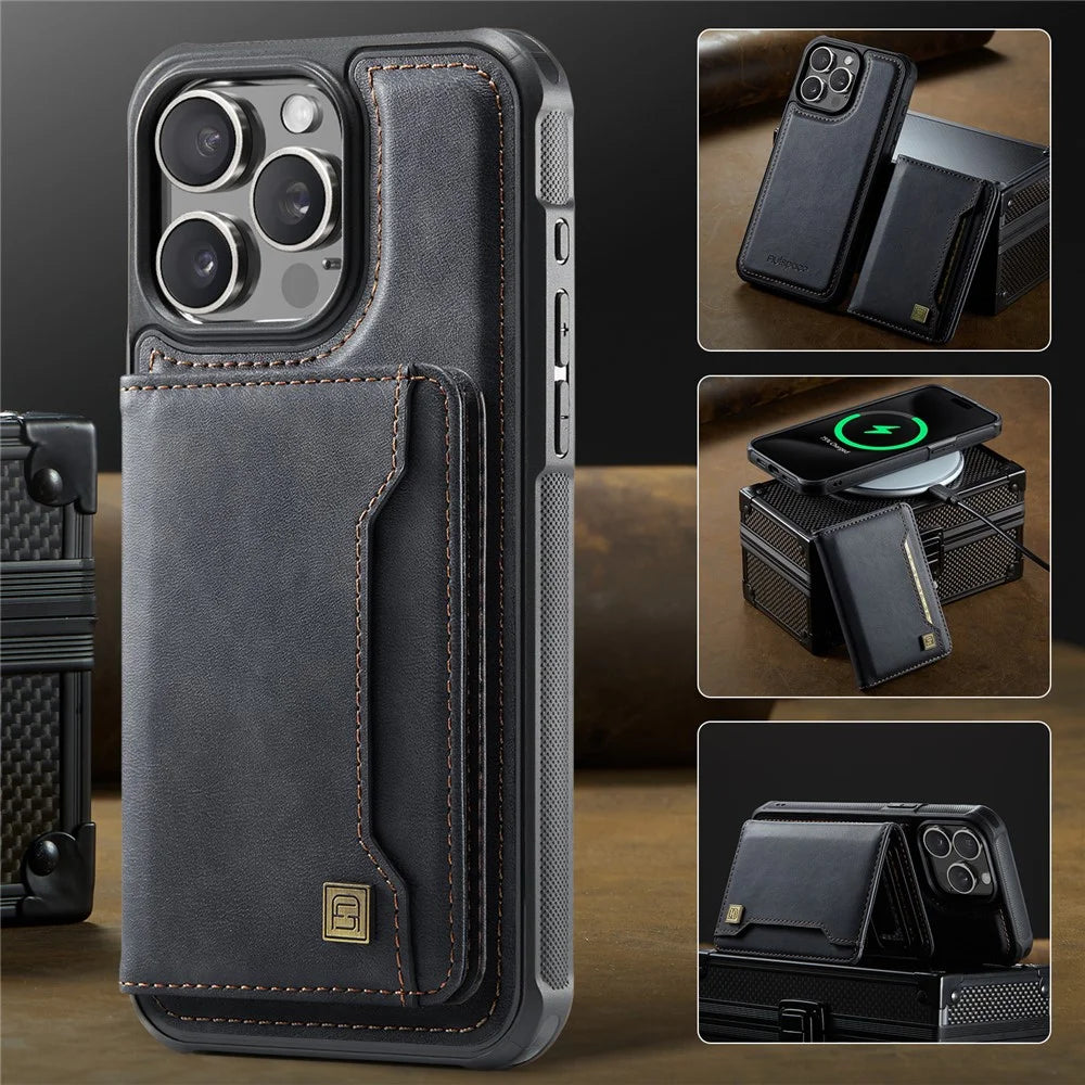 AUTSPACE For iPhone 13 Pro Max 6.7 inch Case  A13 Vintage Leather Back Cover with Magnetic Detachable Card Bag - Black - 5