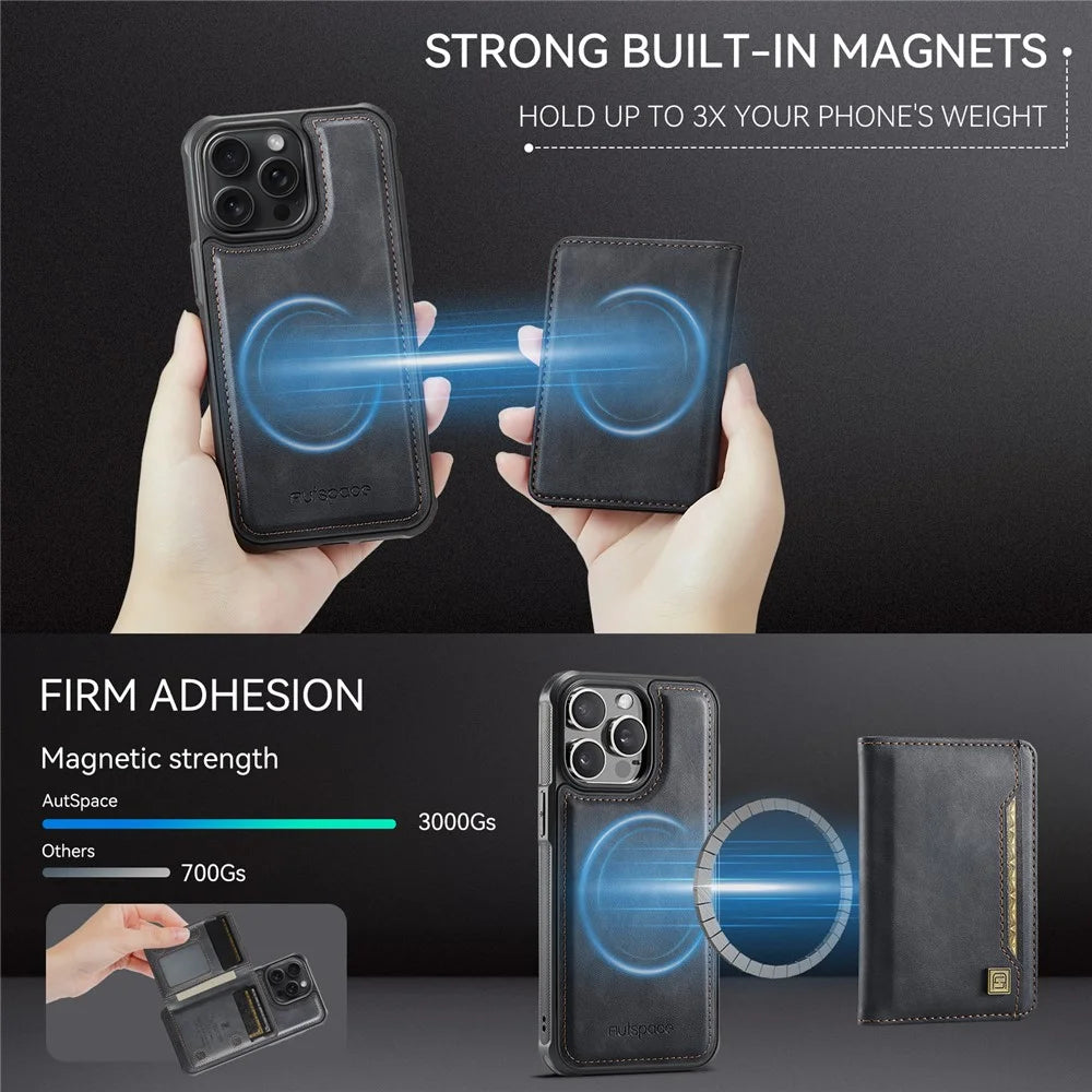 AUTSPACE For iPhone 13 Pro Max 6.7 inch Case  A13 Vintage Leather Back Cover with Magnetic Detachable Card Bag - Black - 7