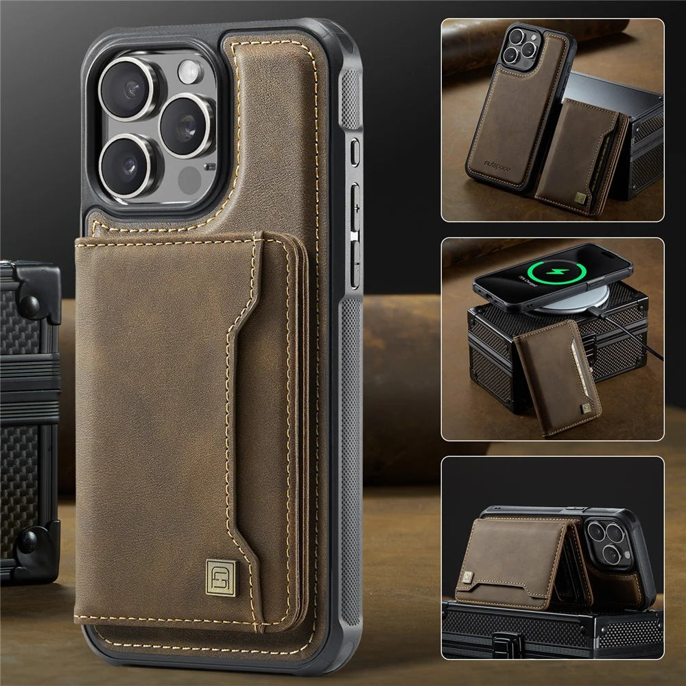 AUTSPACE For iPhone 14 Pro Case  A13 Vintage Leather Back Cover with Magnetic Detachable Card Bag - Coffee - 5