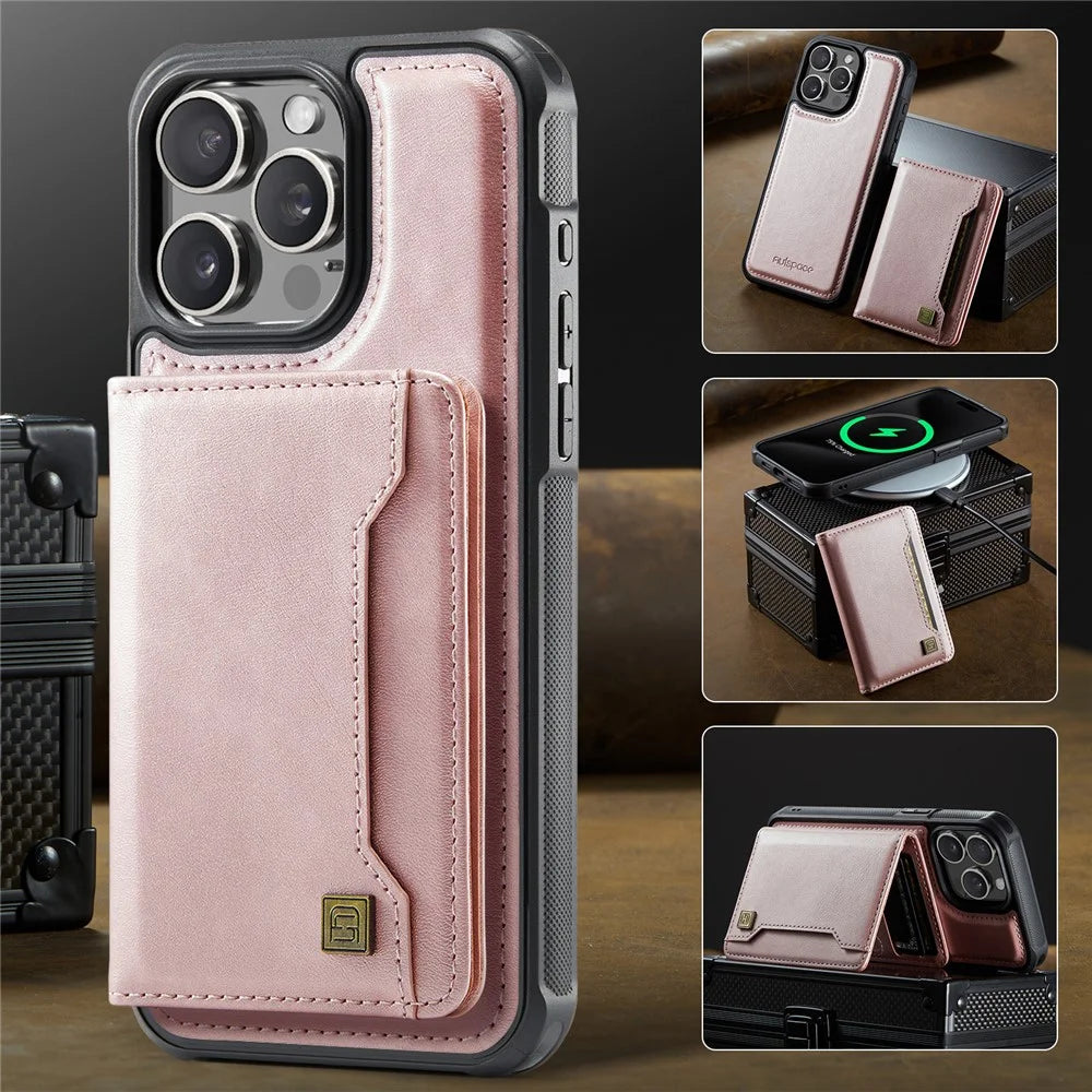 AUTSPACE For iPhone 15 Pro Max Case  A13 Vintage Leather Back Cover with Magnetic Detachable Card Bag - Rose Gold - 5