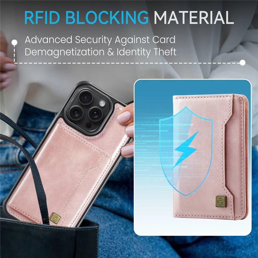 AUTSPACE For iPhone 15 Pro Max Case  A13 Vintage Leather Back Cover with Magnetic Detachable Card Bag - Rose Gold - 6