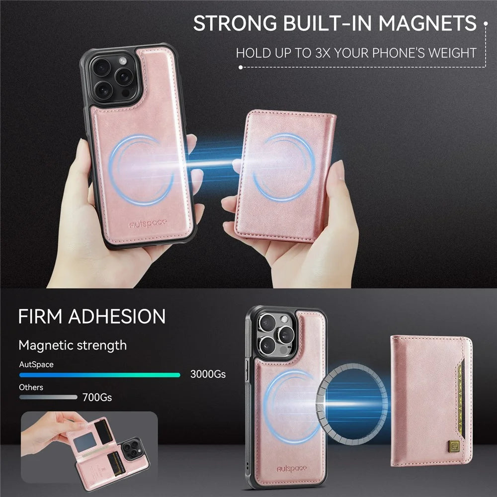 AUTSPACE For iPhone 15 Pro Max Case  A13 Vintage Leather Back Cover with Magnetic Detachable Card Bag - Rose Gold - 7