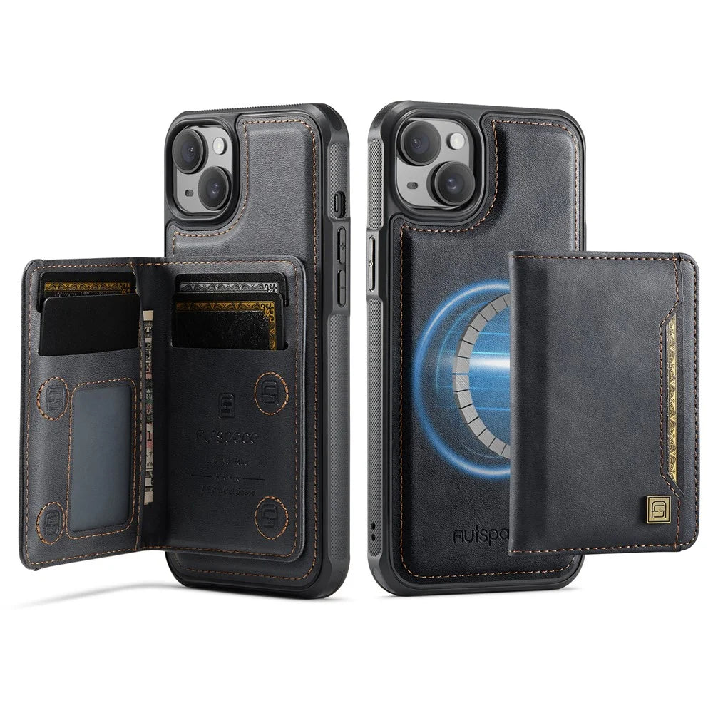 AUTSPACE For iPhone 13 6.1 inch Case  A13 Vintage Leather Back Cover with Magnetic Detachable Card Bag - Black - 1