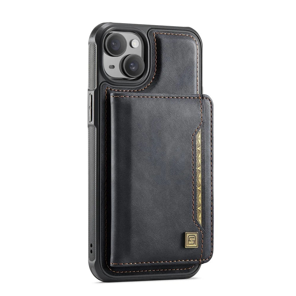 AUTSPACE For iPhone 13 6.1 inch Case  A13 Vintage Leather Back Cover with Magnetic Detachable Card Bag - Black - 2