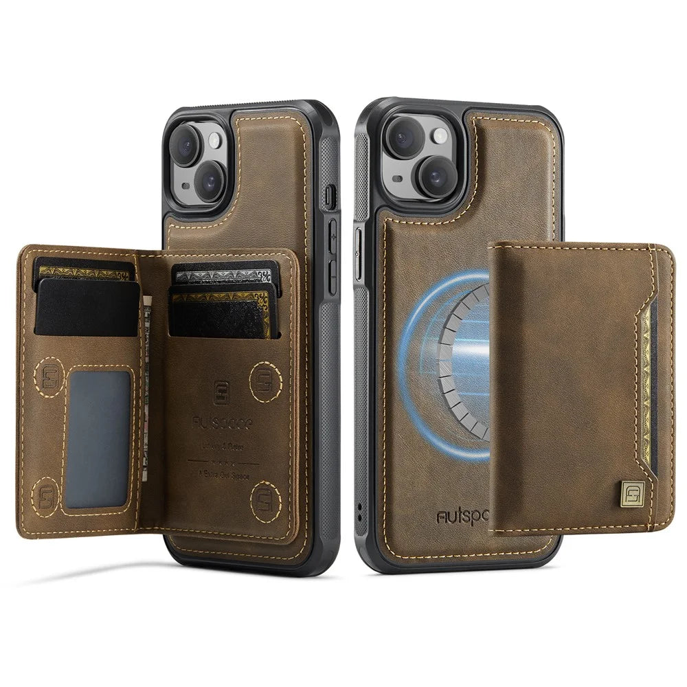 AUTSPACE For iPhone 14 Case  A13 Vintage Leather Back Cover with Magnetic Detachable Card Bag - Coffee - 1