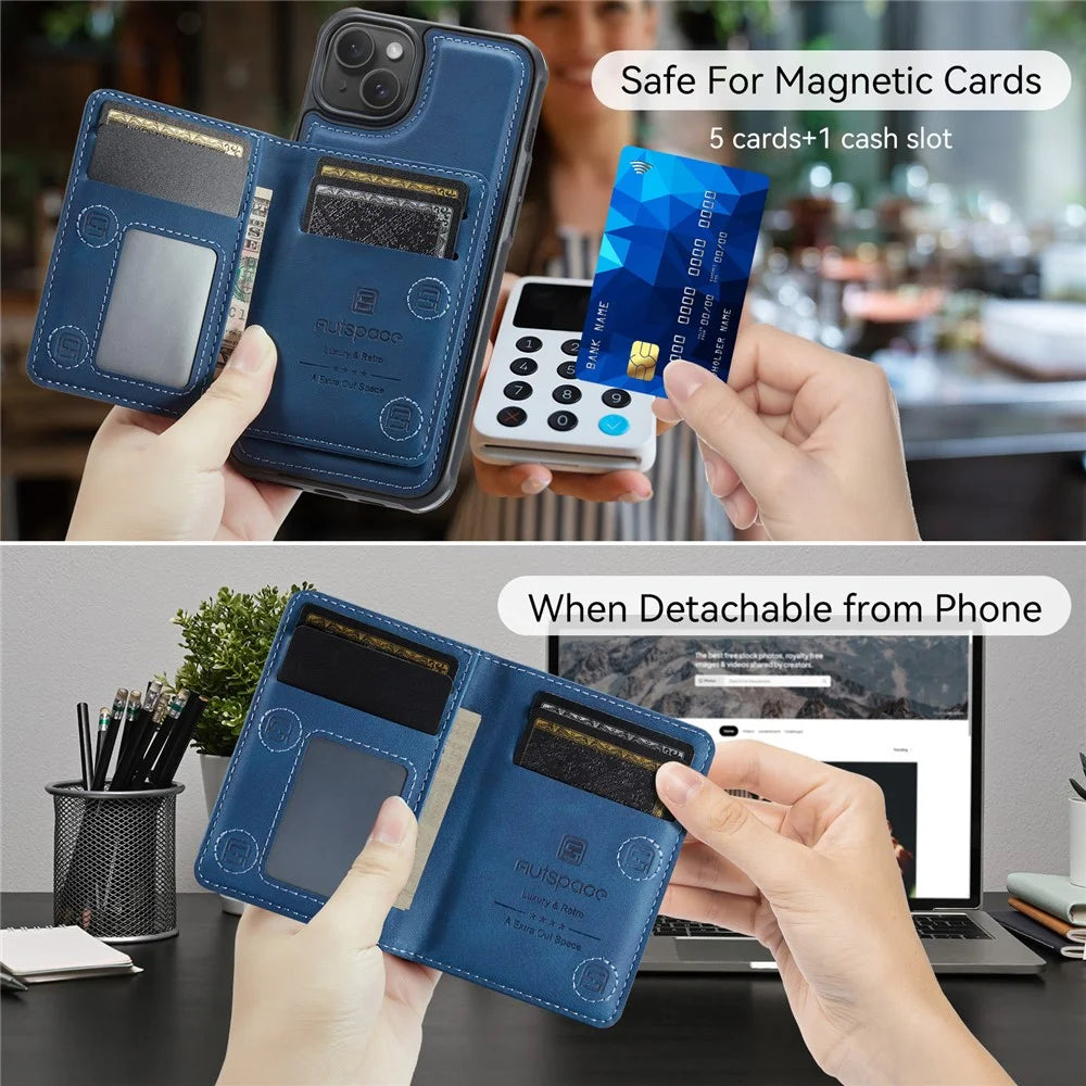 AUTSPACE For iPhone 14 Plus Case  A13 Vintage Leather Back Cover with Magnetic Detachable Card Bag - Blue - 4