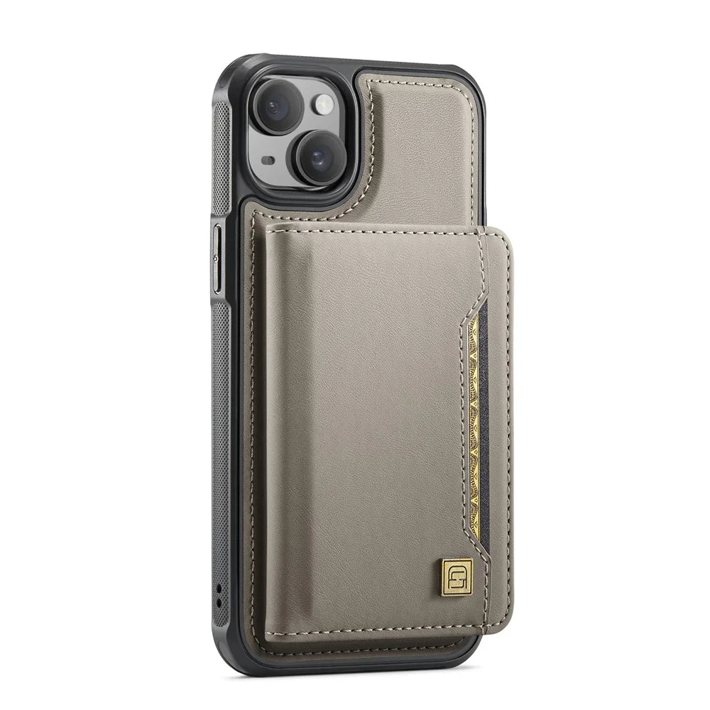 AUTSPACE For iPhone 15 Case  A13 Vintage Leather Back Cover with Magnetic Detachable Card Bag - Grey - 2