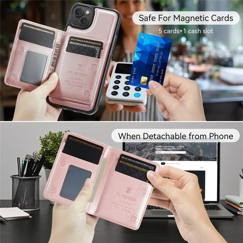 AUTSPACE For iPhone 15 Plus Case  A13 Vintage Leather Back Cover with Magnetic Detachable Card Bag - Rose Gold - 4