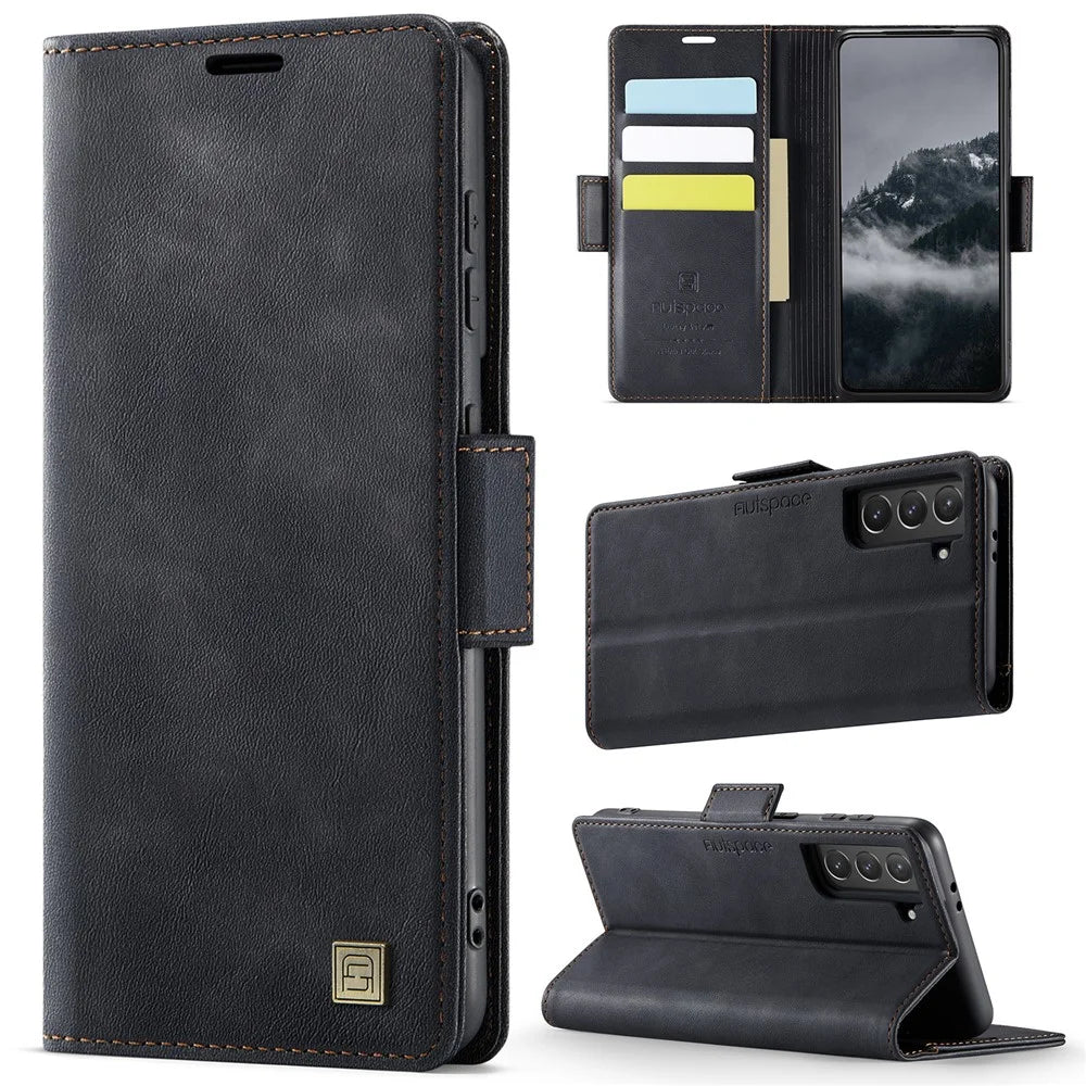 AUTSPACE For Samsung Galaxy S21 5G Case  A11 RFID Blocking Retro Leather Cell Phone Wallet Cover - Black - 2