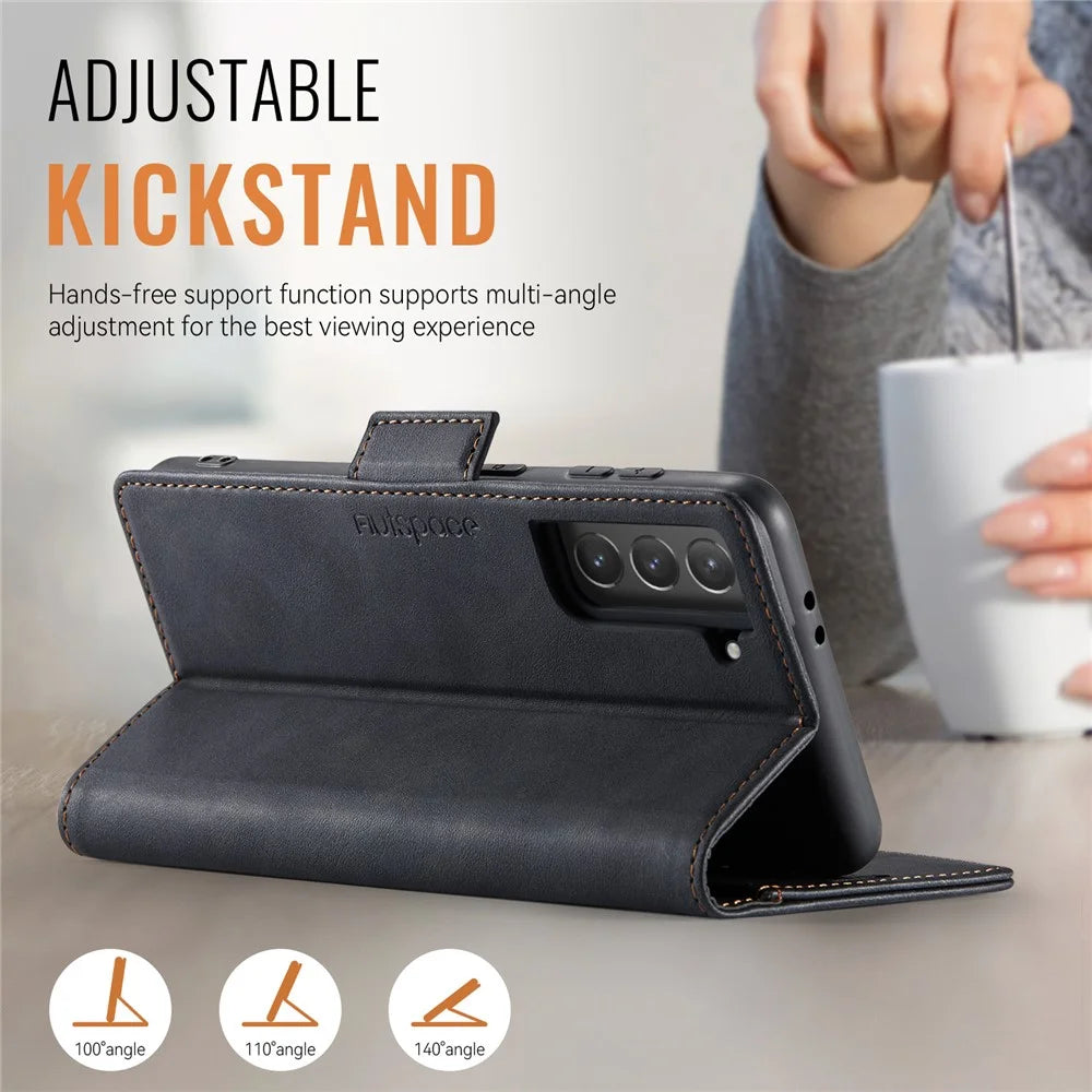 AUTSPACE For Samsung Galaxy S21 FE 5G Case  A11 RFID Blocking Retro Leather Cell Phone Wallet Cover - Black - 5