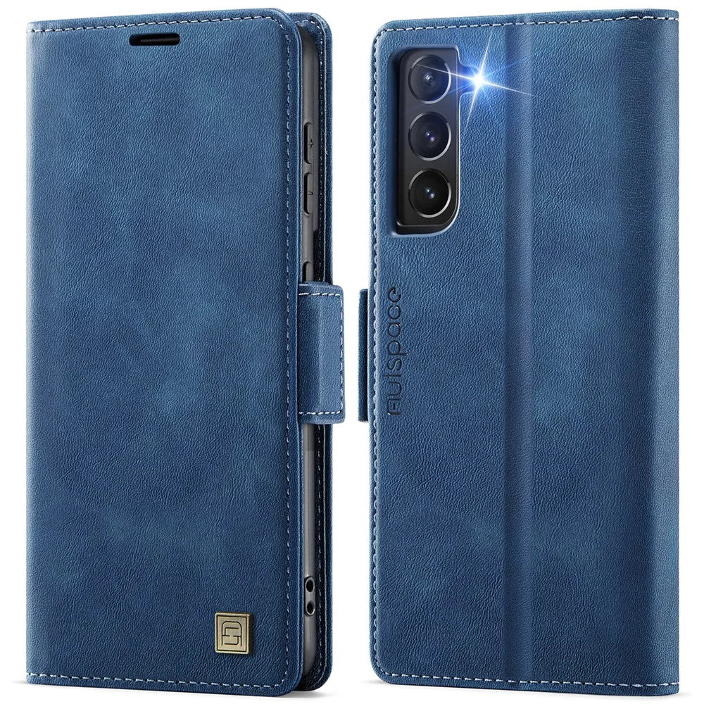 AUTSPACE For Samsung Galaxy S22 5G Case  A11 RFID Blocking Retro Leather Cell Phone Wallet Cover - Blue - 1