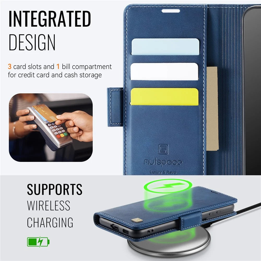 AUTSPACE For Samsung Galaxy S22 5G Case  A11 RFID Blocking Retro Leather Cell Phone Wallet Cover - Blue - 4