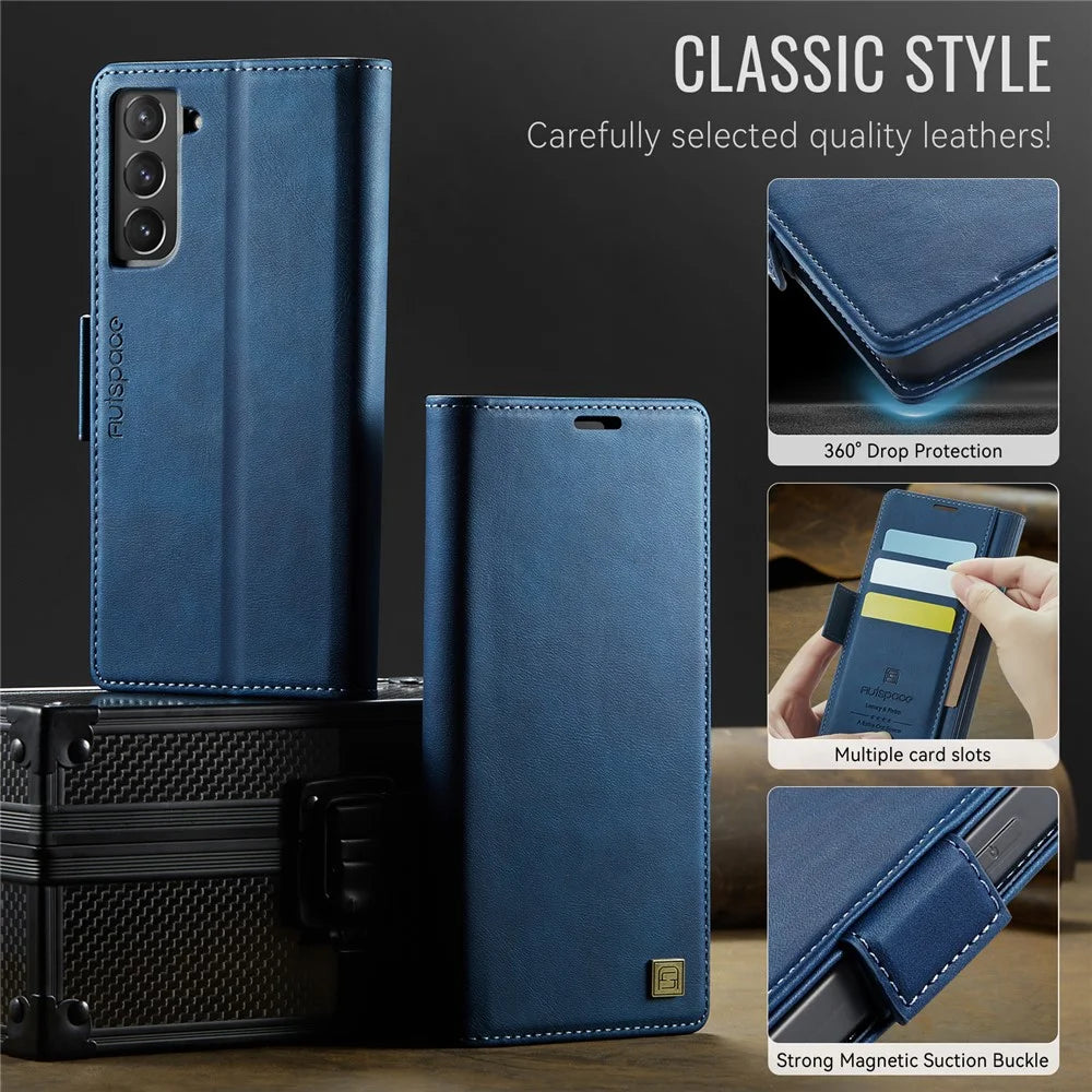 AUTSPACE For Samsung Galaxy S22 5G Case  A11 RFID Blocking Retro Leather Cell Phone Wallet Cover - Blue - 7