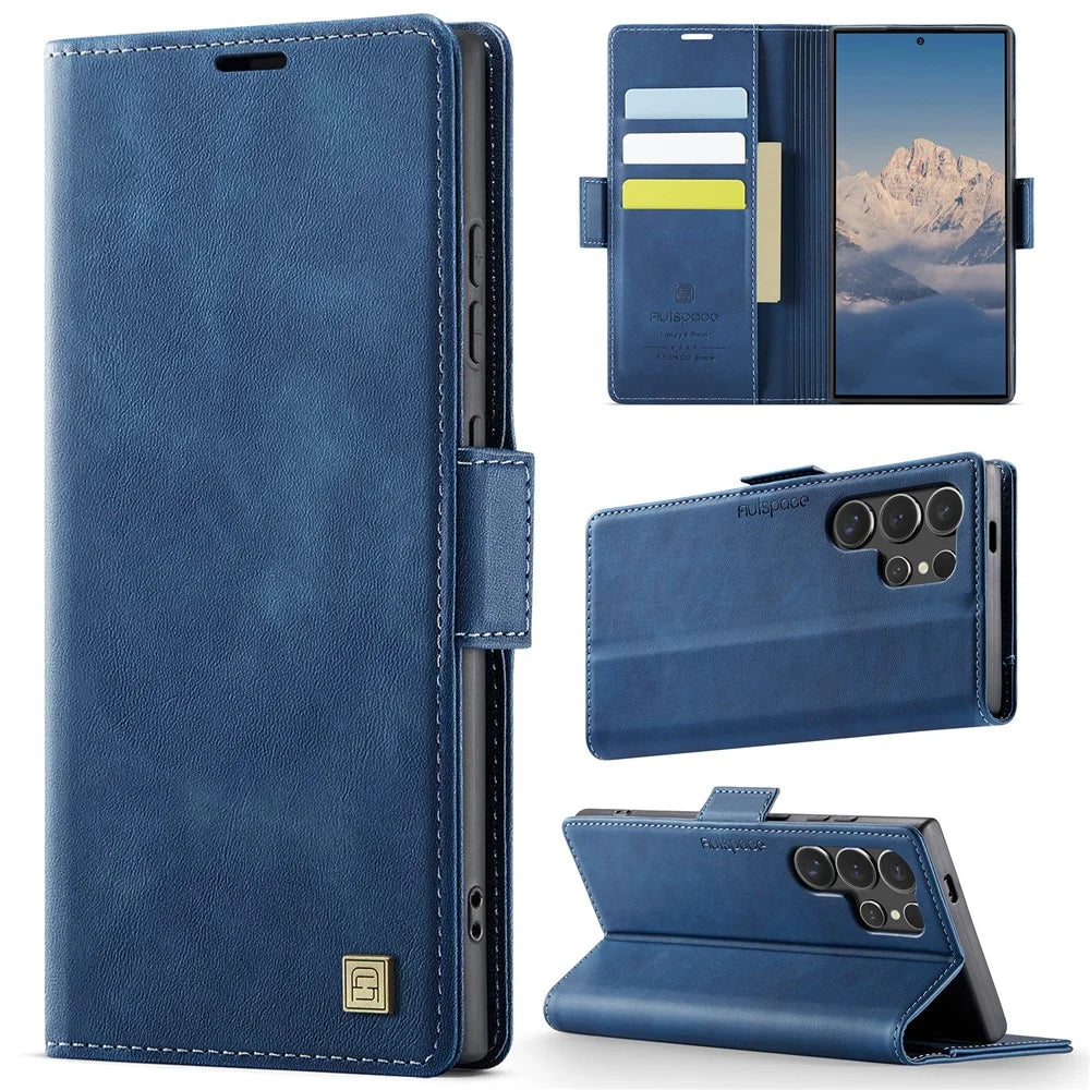 AUTSPACE For Samsung Galaxy S22 Ultra 5G Case  A11 RFID Blocking Retro Leather Cell Phone Wallet Cover - Blue - 2