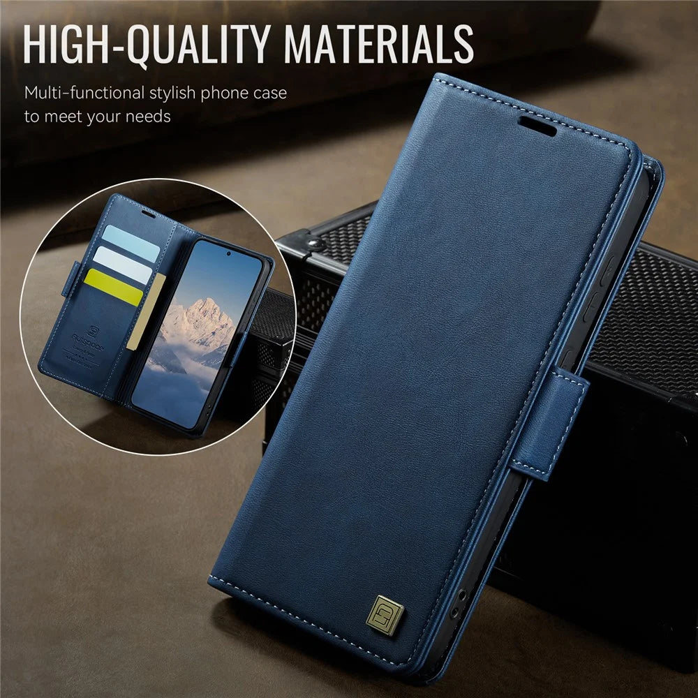 AUTSPACE For Samsung Galaxy S22 Ultra 5G Case  A11 RFID Blocking Retro Leather Cell Phone Wallet Cover - Blue - 3