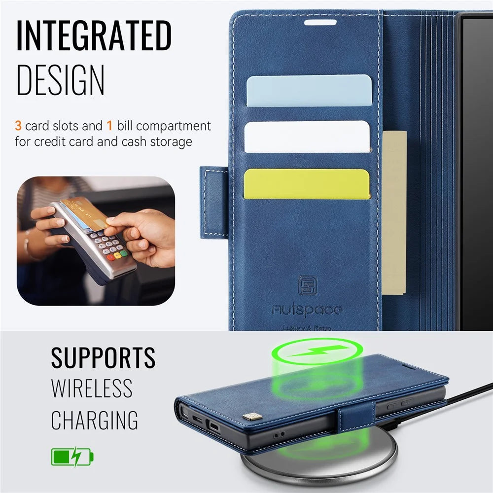 AUTSPACE For Samsung Galaxy S22 Ultra 5G Case  A11 RFID Blocking Retro Leather Cell Phone Wallet Cover - Blue - 4