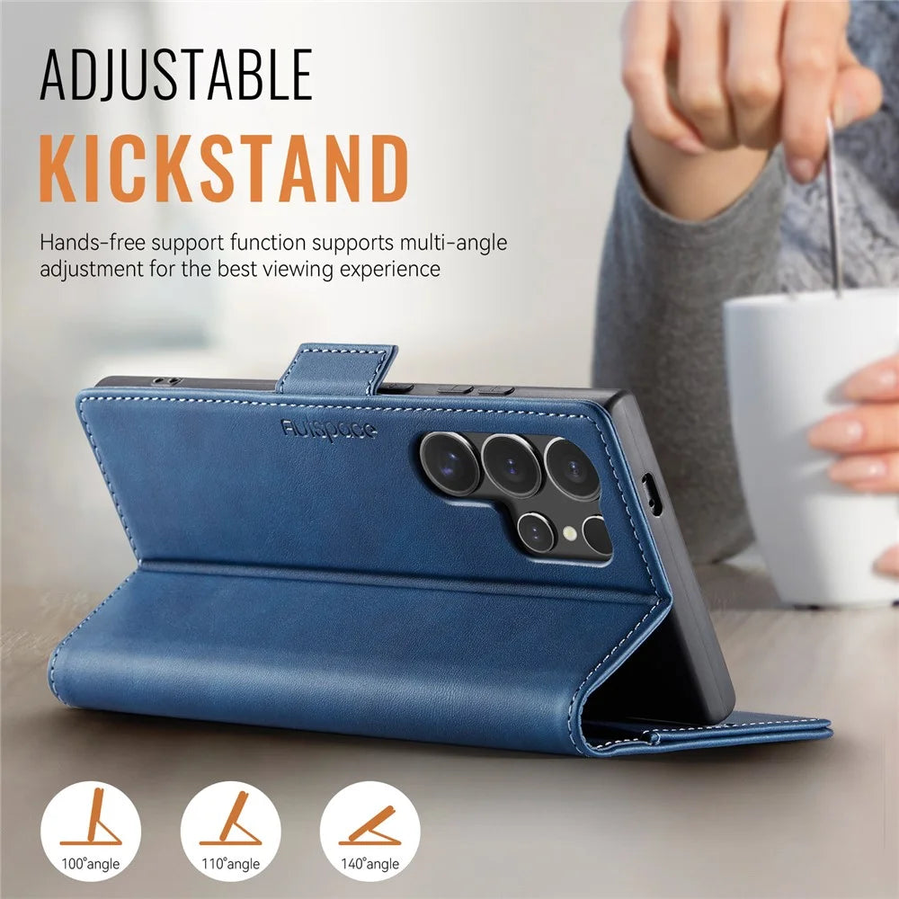 AUTSPACE For Samsung Galaxy S22 Ultra 5G Case  A11 RFID Blocking Retro Leather Cell Phone Wallet Cover - Blue - 5