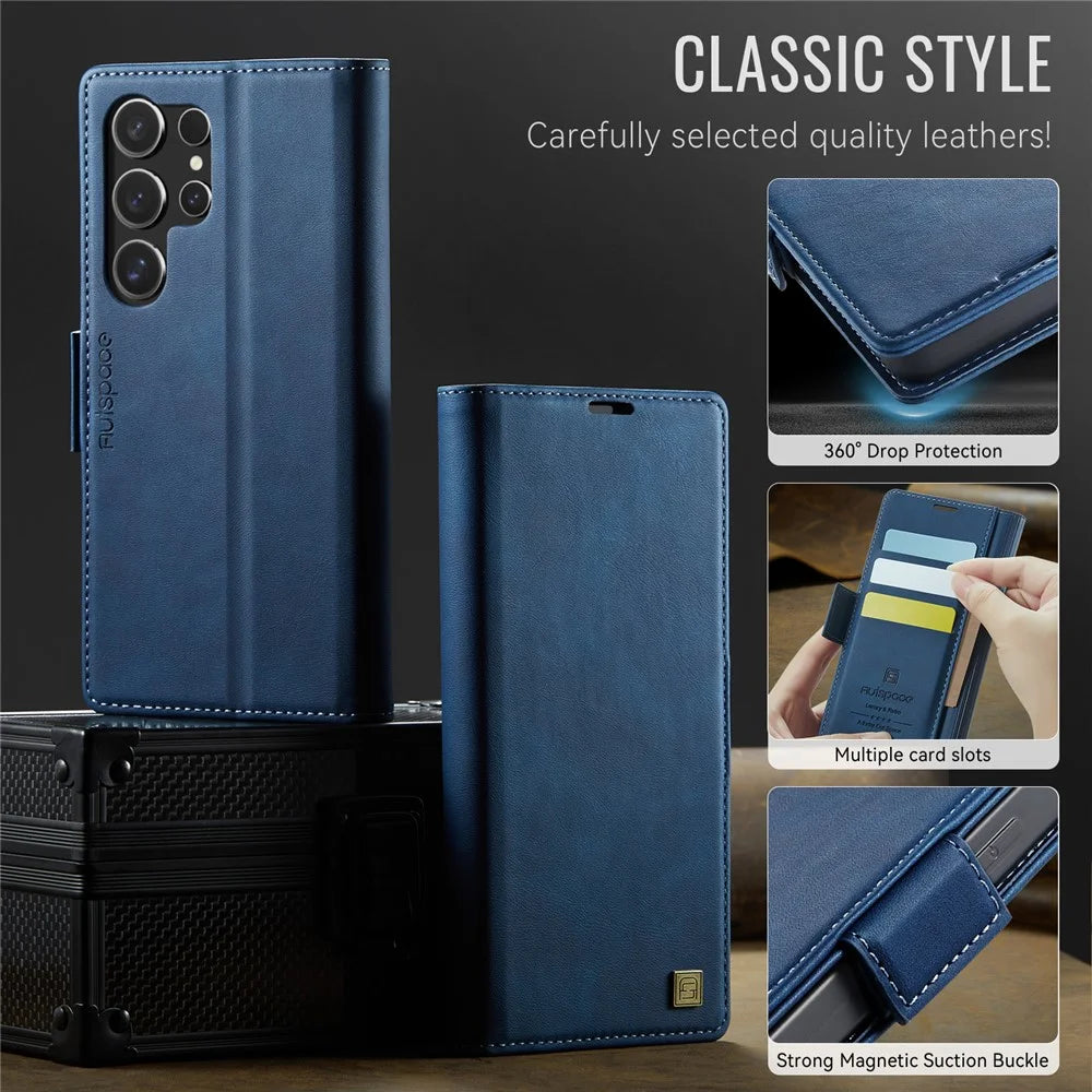 AUTSPACE For Samsung Galaxy S22 Ultra 5G Case  A11 RFID Blocking Retro Leather Cell Phone Wallet Cover - Blue - 7