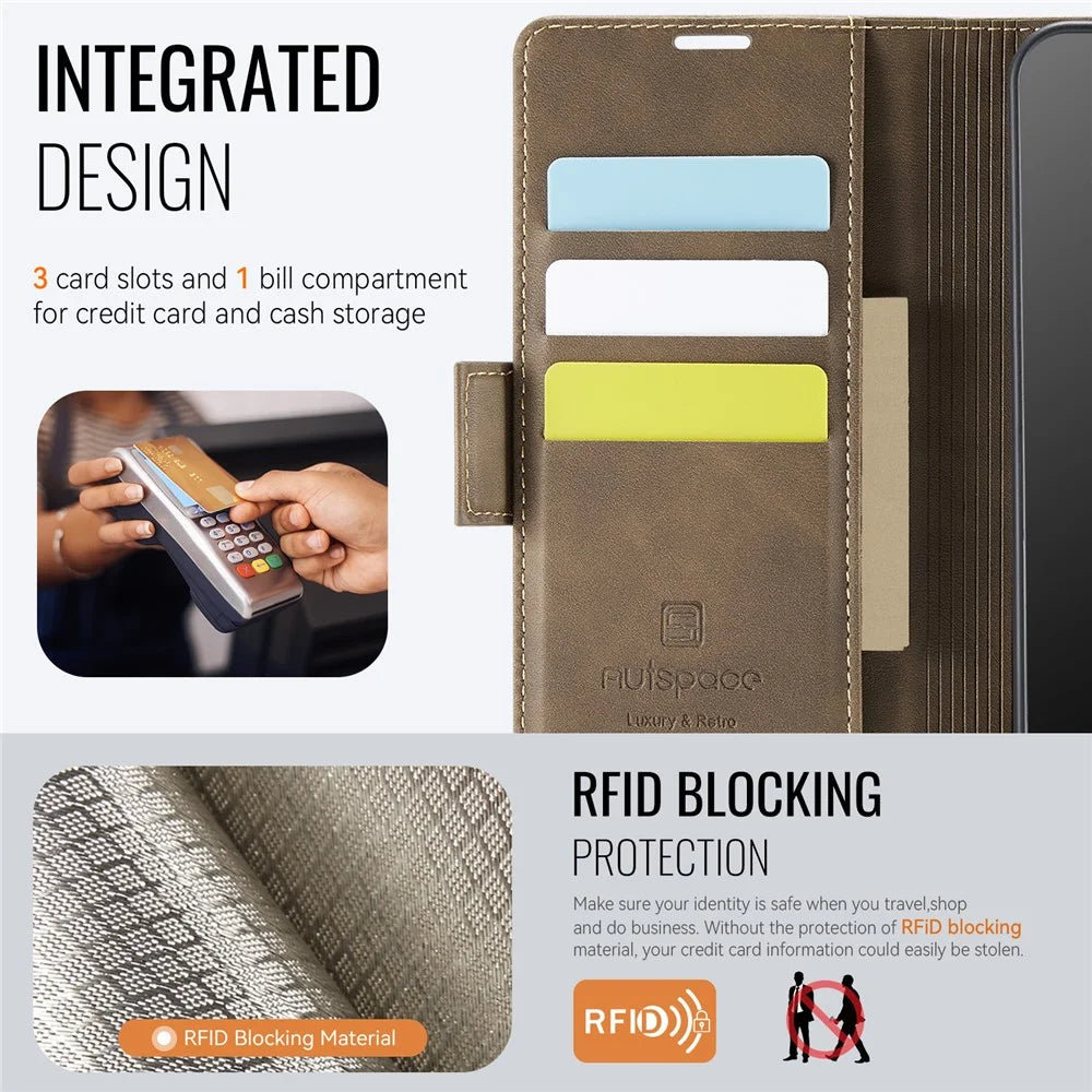 AUTSPACE For Samsung Galaxy A33 5G Case  A11 RFID Blocking Retro Leather Cell Phone Wallet Cover - Brown - 4
