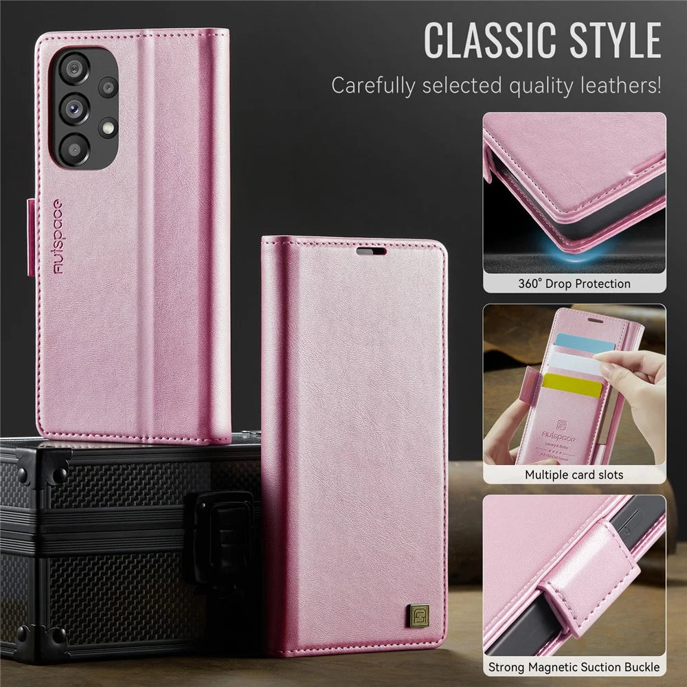 AUTSPACE For Samsung Galaxy A52 5G Case  A11 RFID Blocking Retro Leather Cell Phone Wallet Cover - Pink - 7