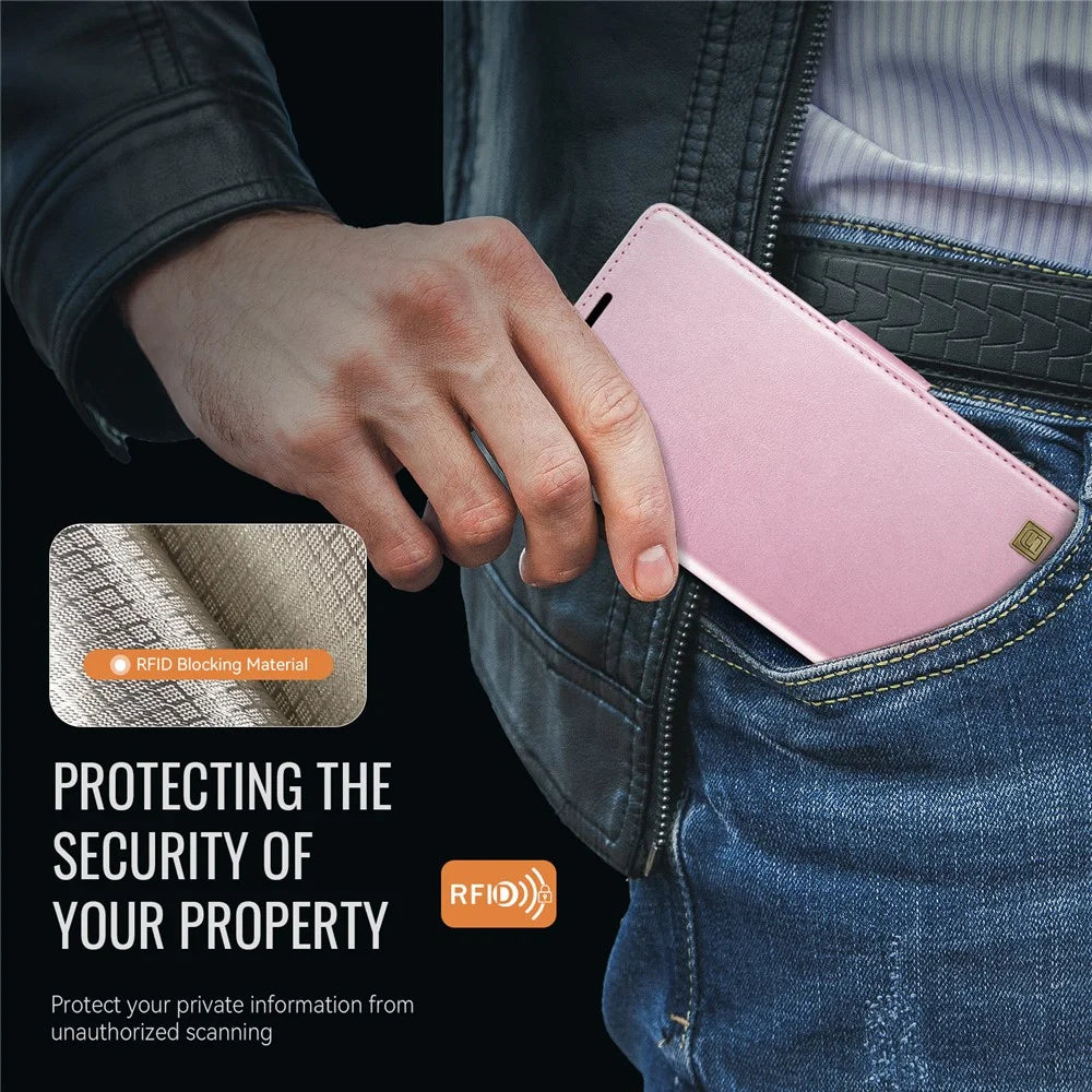 AUTSPACE For Samsung Galaxy A14 4G / Galaxy A14 5G Case  A11 RFID Blocking Retro Leather Cell Phone Wallet Cover - Pink - 6