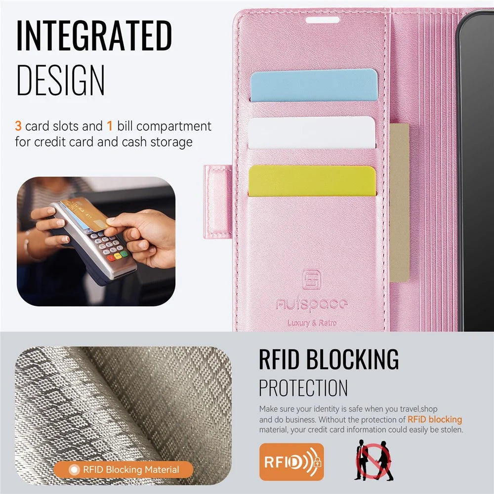 AUTSPACE For Samsung Galaxy A35 5G Case  A11 RFID Blocking Retro Leather Cell Phone Wallet Cover - Pink - 4