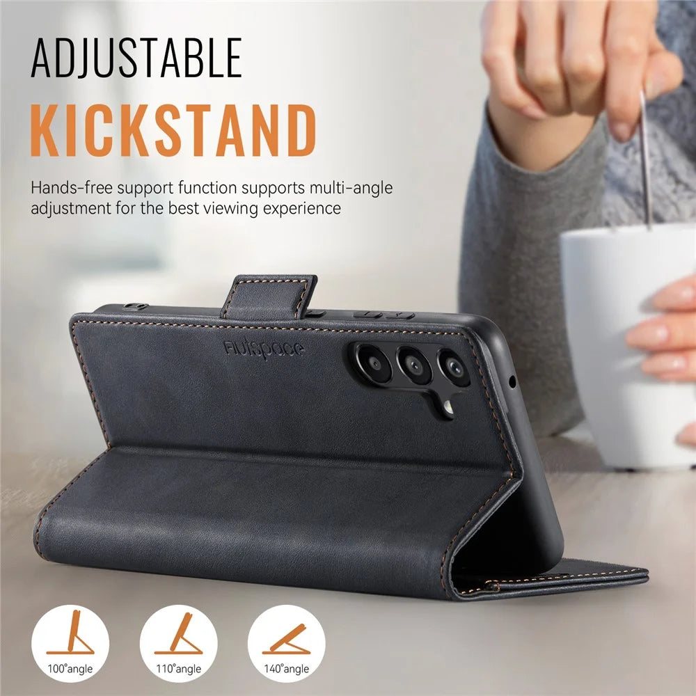 AUTSPACE For Samsung Galaxy A55 5G Case  A11 RFID Blocking Retro Leather Cell Phone Wallet Cover - Black - 3