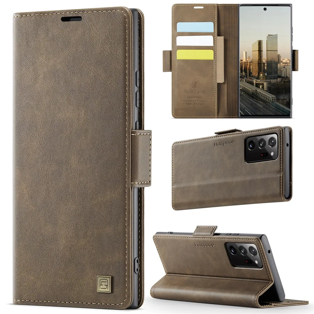 AUTSPACE For Samsung Galaxy Note20 Ultra Case  A11 RFID Blocking Retro Leather Cell Phone Wallet Cover - Brown - 2