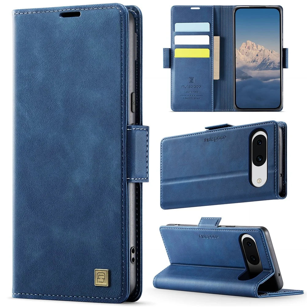 AUTSPACE For Google Pixel 8a Case  A11 RFID Blocking Retro Leather Cell Phone Wallet Cover - Blue - 2