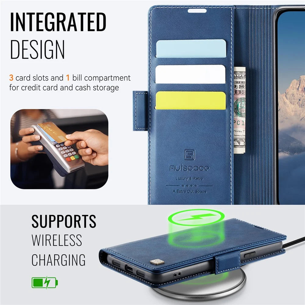 AUTSPACE For Google Pixel 8 Case  A11 RFID Blocking Retro Leather Cell Phone Wallet Cover - Blue - 4