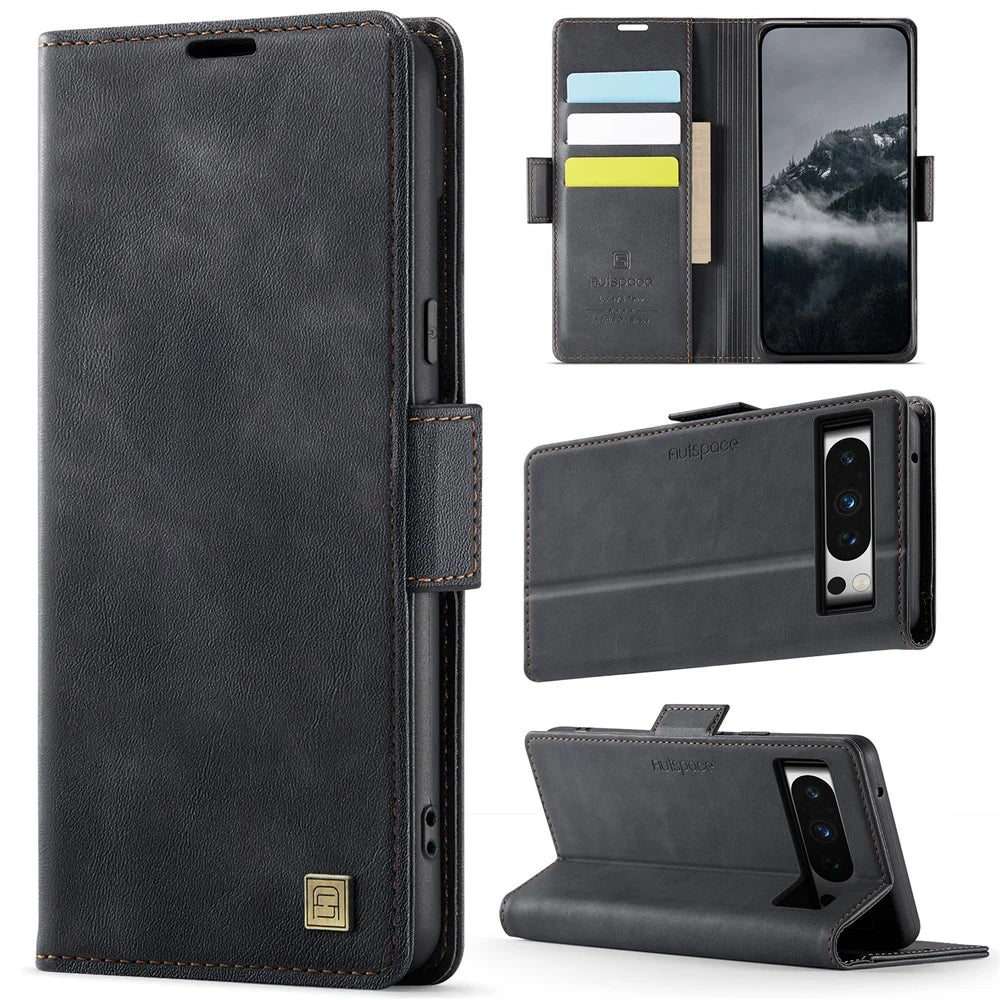 AUTSPACE For Google Pixel 8 Pro Case  A11 RFID Blocking Retro Leather Cell Phone Wallet Cover - Black - 2