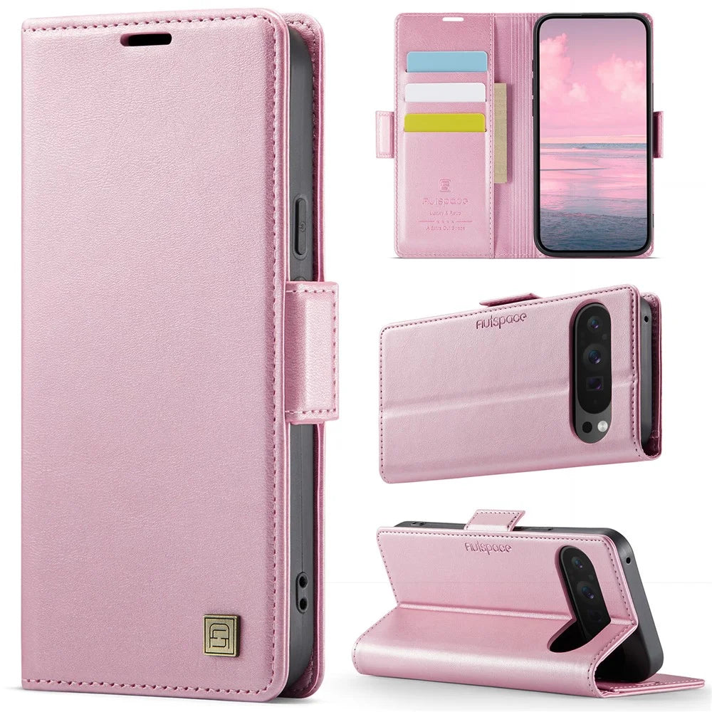 AUTSPACE For Google Pixel 9 Pro / Google Pixel 9 Case  A11 RFID Blocking Retro Leather Cell Phone Wallet Cover - Pink - 2