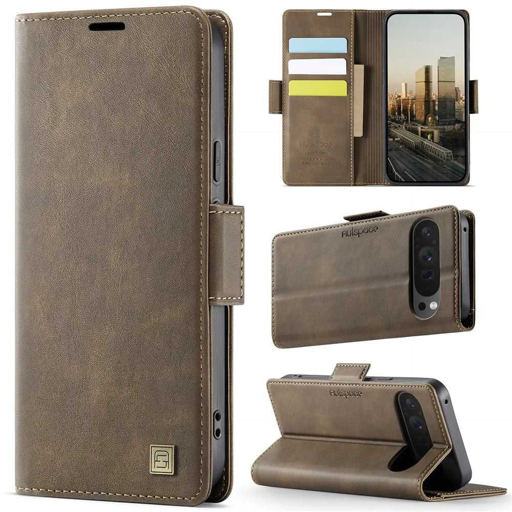 AUTSPACE For Google Pixel 9 Pro XL Case  A11 RFID Blocking Retro Leather Cell Phone Wallet Cover - Brown - 2