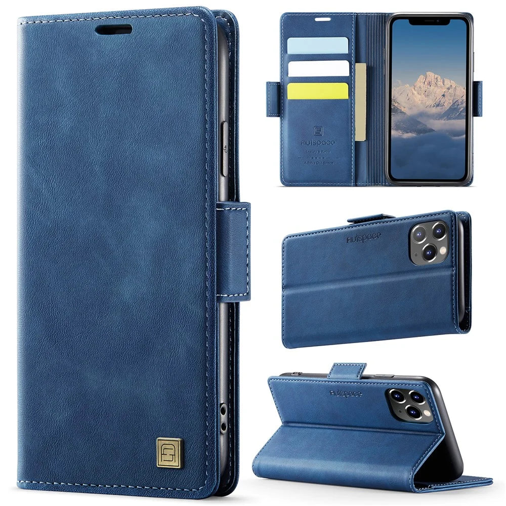 AUTSPACE For iPhone 11 Pro Max Case  A11 RFID Blocking Retro Leather Cell Phone Wallet Cover - Blue - 2