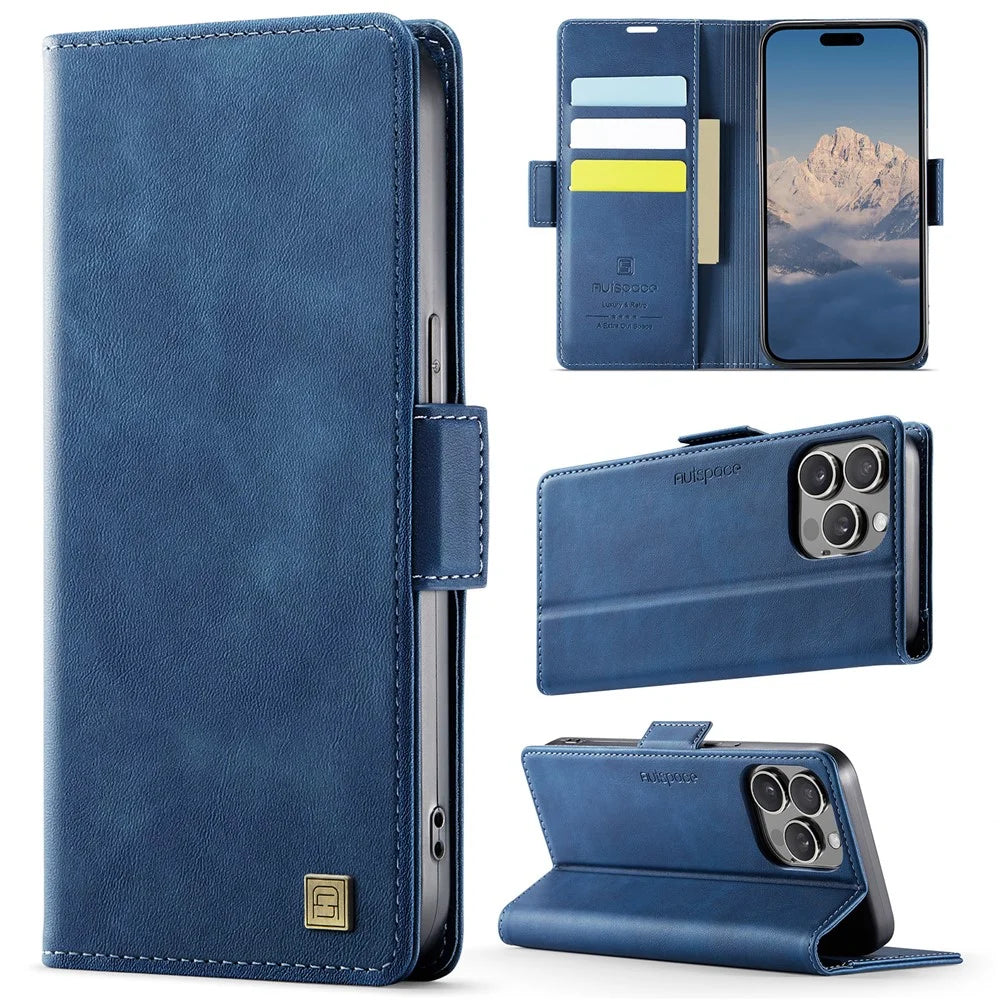 AUTSPACE For iPhone 13 Pro 6.1 inch Case  A11 RFID Blocking Retro Leather Cell Phone Wallet Cover - Blue - 2