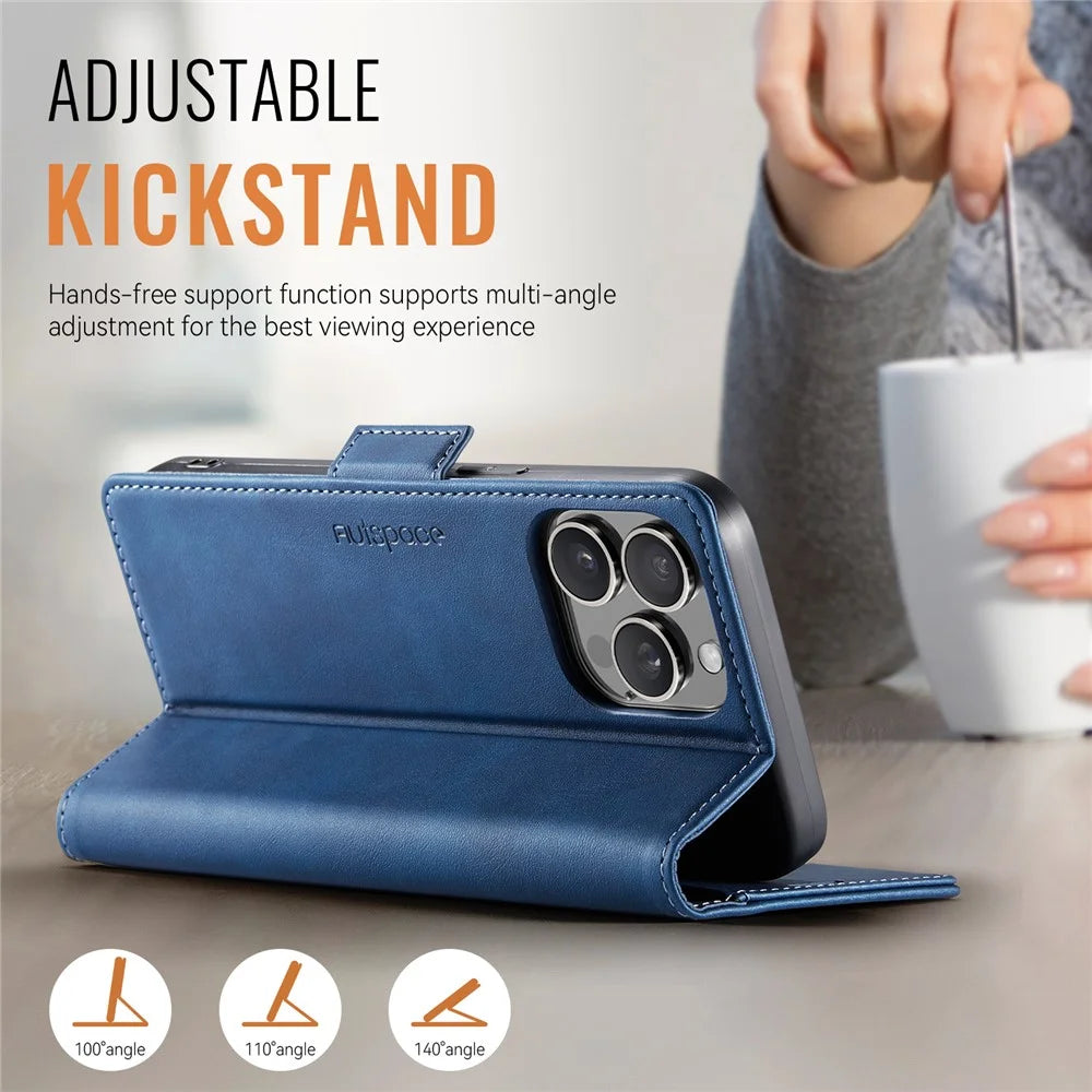 AUTSPACE For iPhone 13 Pro 6.1 inch Case  A11 RFID Blocking Retro Leather Cell Phone Wallet Cover - Blue - 5
