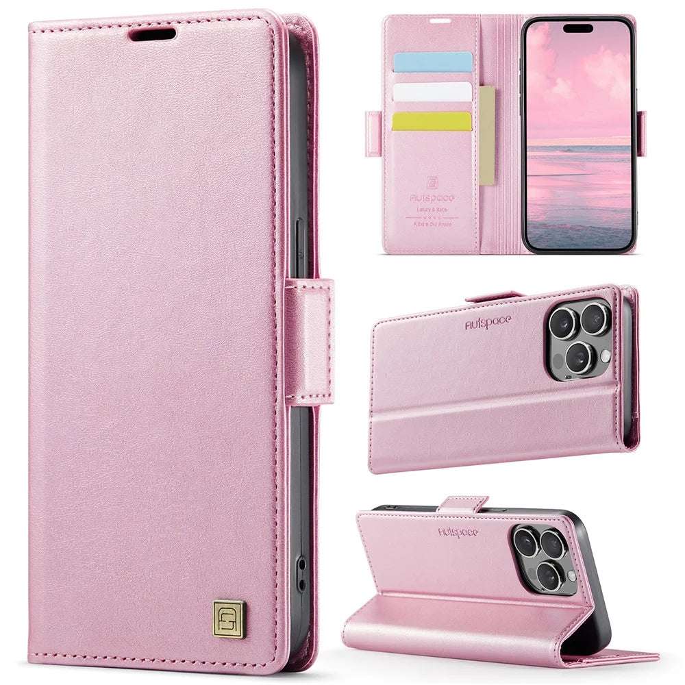 AUTSPACE For iPhone 14 Pro Max Case  A11 RFID Blocking Retro Leather Cell Phone Wallet Cover - Pink - 2