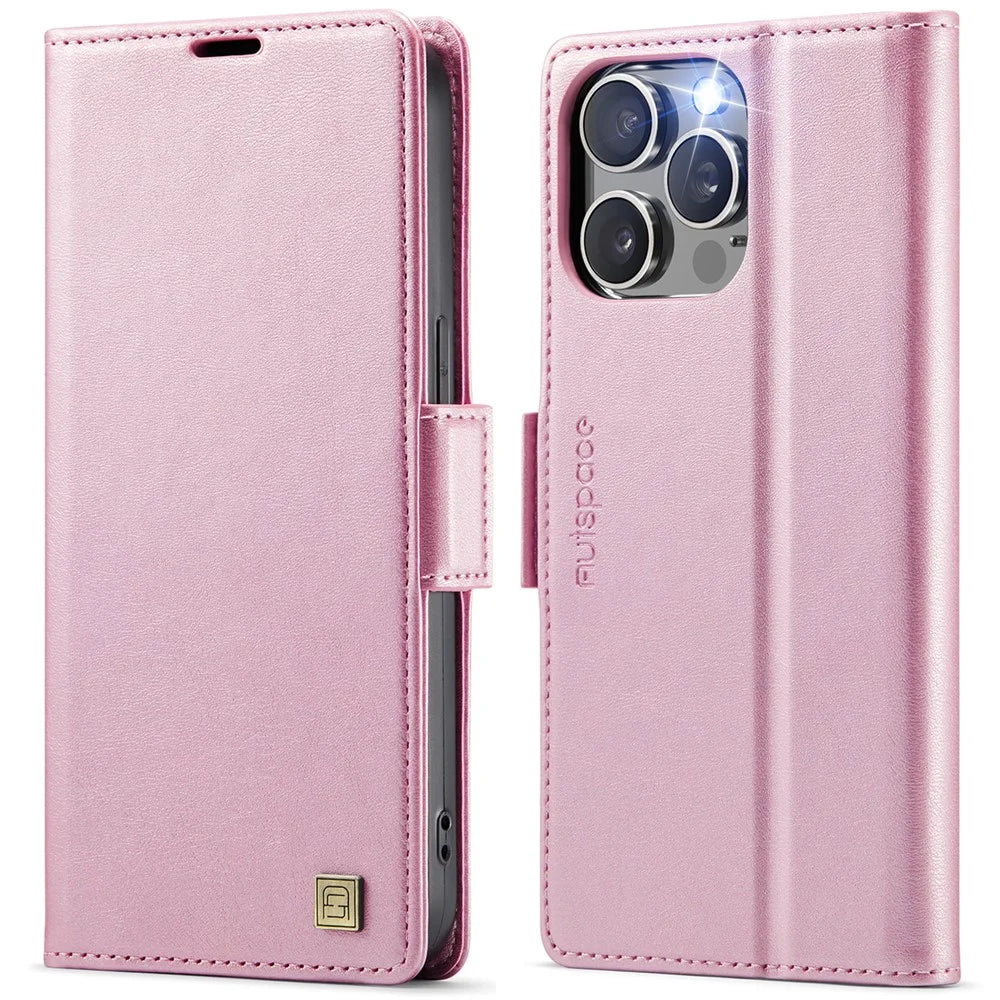 AUTSPACE For iPhone 15 Pro Case  A11 RFID Blocking Retro Leather Cell Phone Wallet Cover - Pink - 1