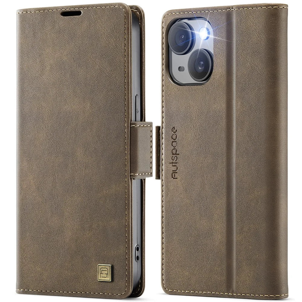 AUTSPACE For iPhone 13 6.1 inch Case  A11 RFID Blocking Retro Leather Cell Phone Wallet Cover - Brown - 1