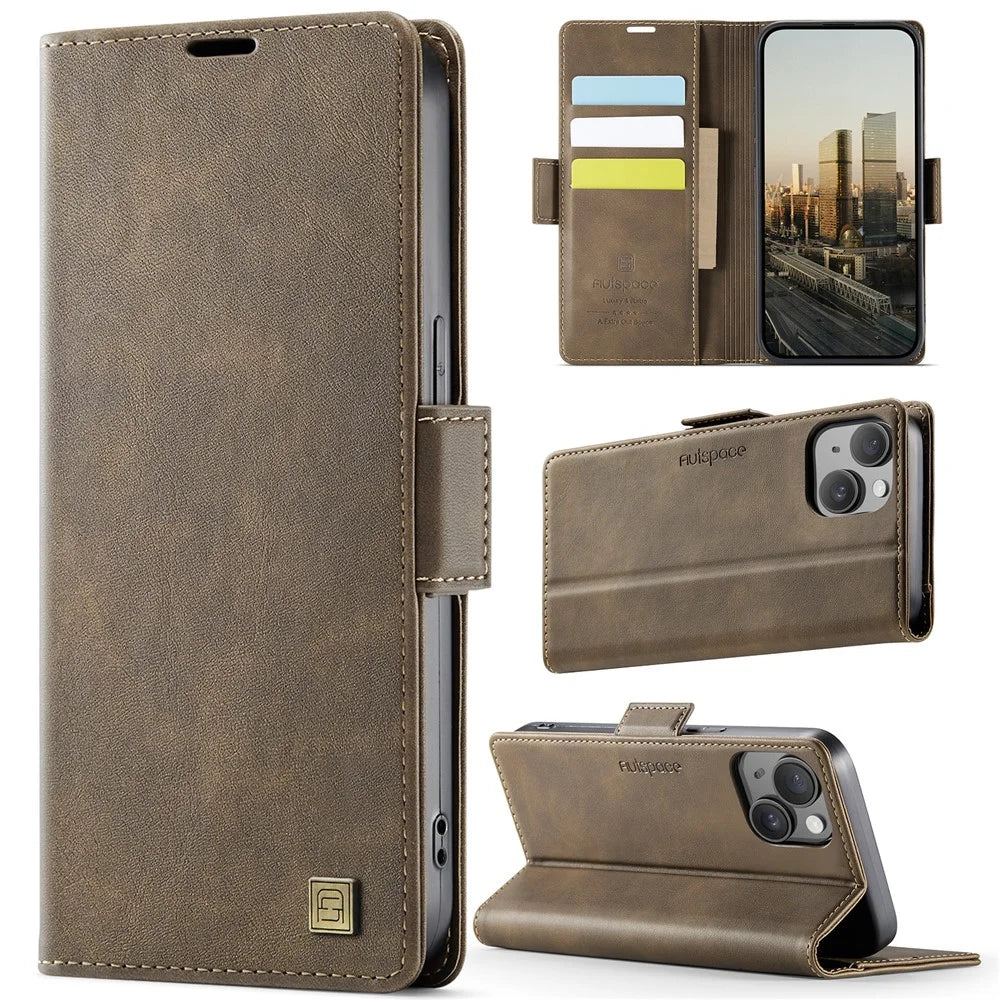 AUTSPACE For iPhone 14 Case  A11 RFID Blocking Retro Leather Cell Phone Wallet Cover - Brown - 2