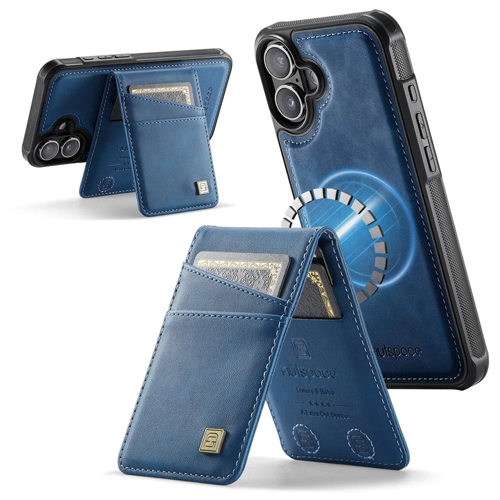AUTSPACE For iPhone 16 Plus Case  A12 Leather Phone Case with Detachable Card Bag - Blue - 1