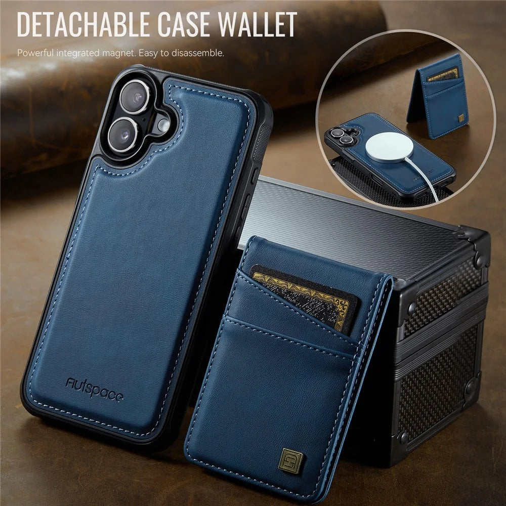 AUTSPACE For iPhone 16 Plus Case  A12 Leather Phone Case with Detachable Card Bag - Blue - 3