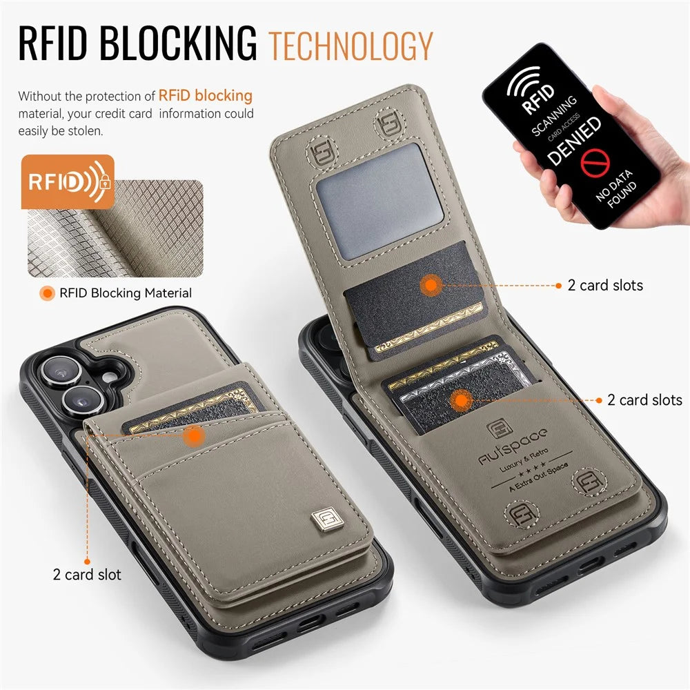 AUTSPACE For iPhone 16 Case  A12 Leather Phone Case with Detachable Card Bag - Grey - 5