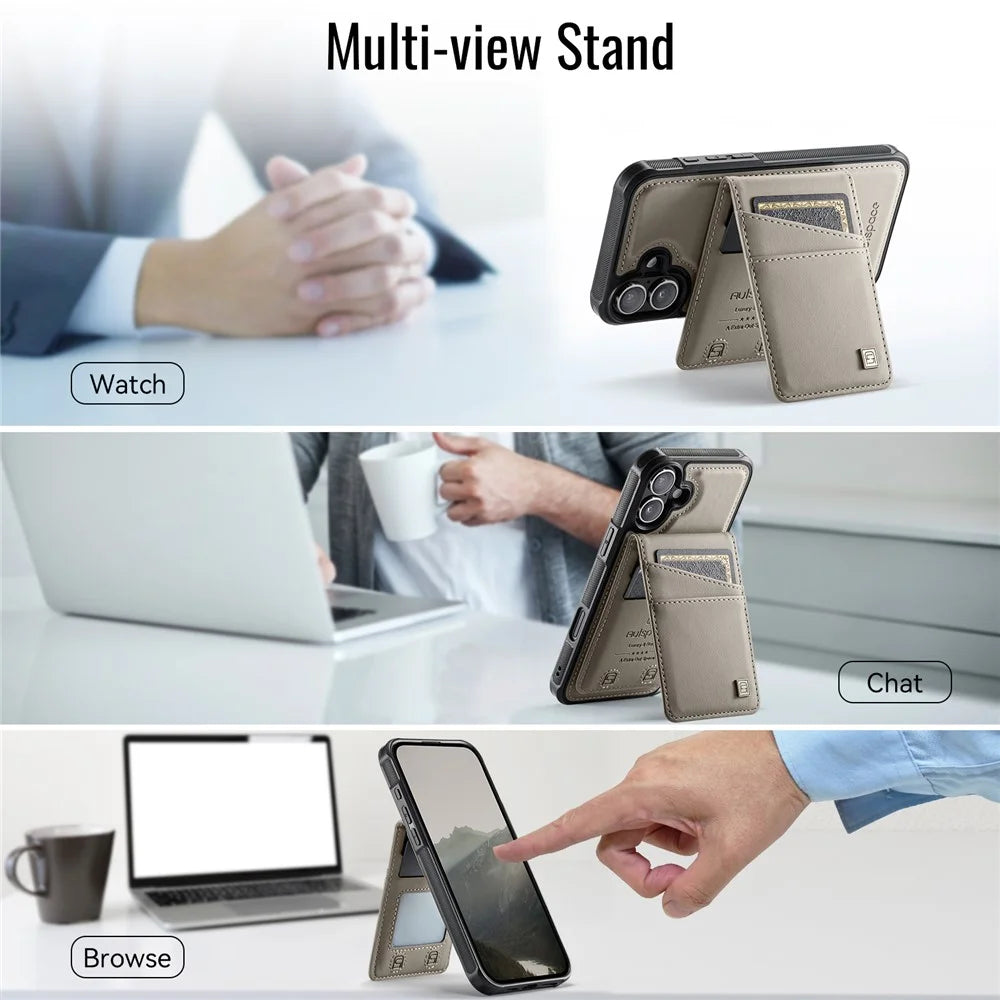 AUTSPACE For iPhone 16 Case  A12 Leather Phone Case with Detachable Card Bag - Grey - 6