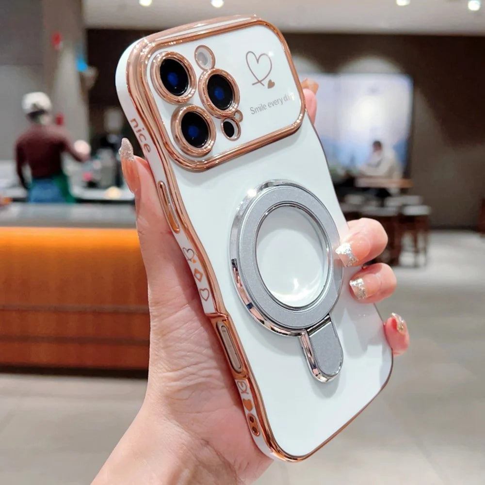 For iPhone 16 Pro Max Case with Kickstand TPU Phone Back Cover Curly Shape Love Heart - White - 2