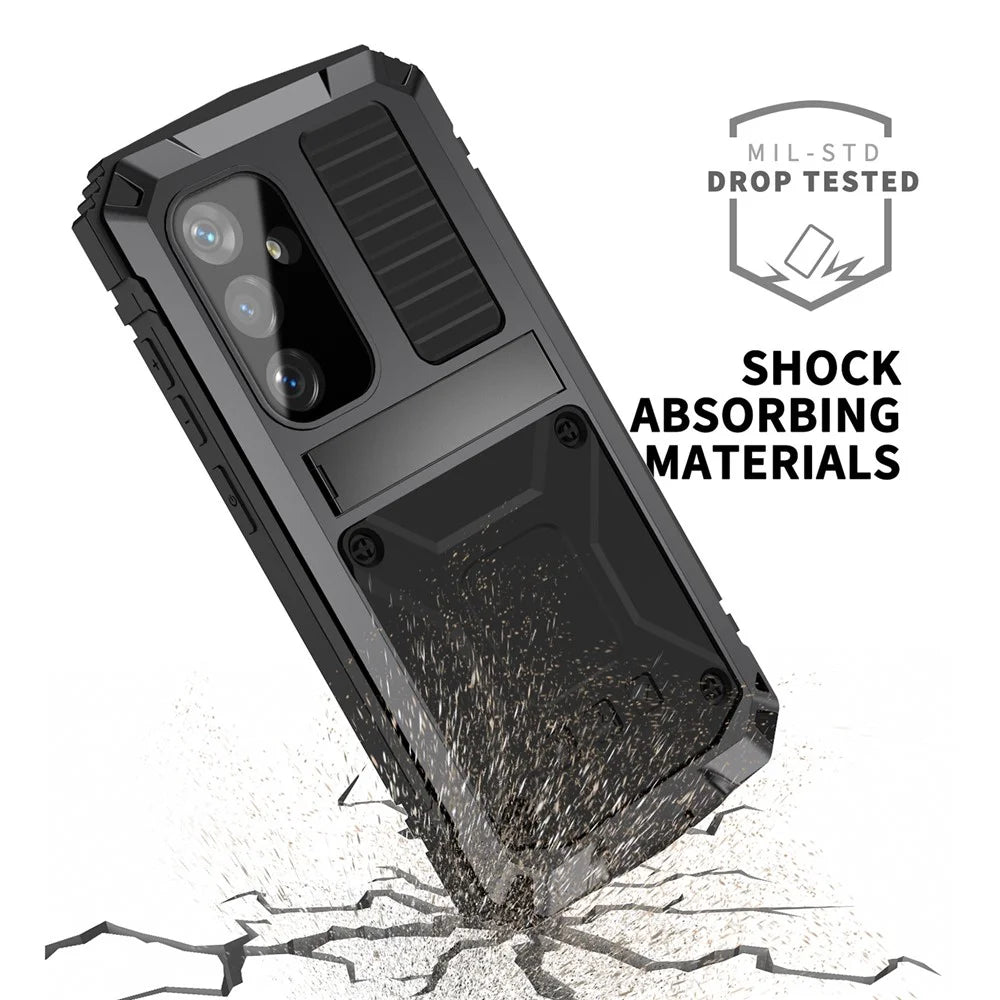 R-JUST For Samsung Galaxy S25+ Case PC + Silicone + Metal Kickstand Phone Cover with Tempered Glass Film - Black - 5