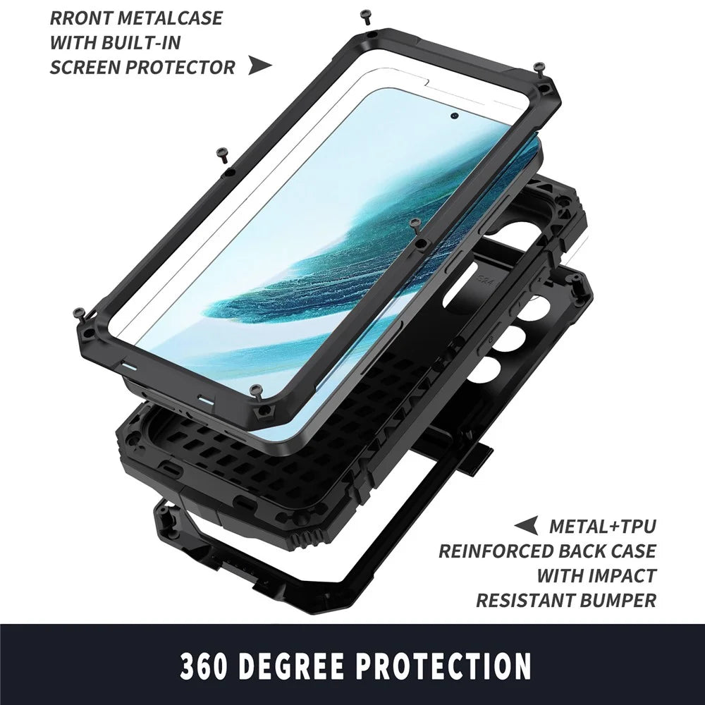 R-JUST For Samsung Galaxy S25+ Case PC + Silicone + Metal Kickstand Phone Cover with Tempered Glass Film - Black - 6