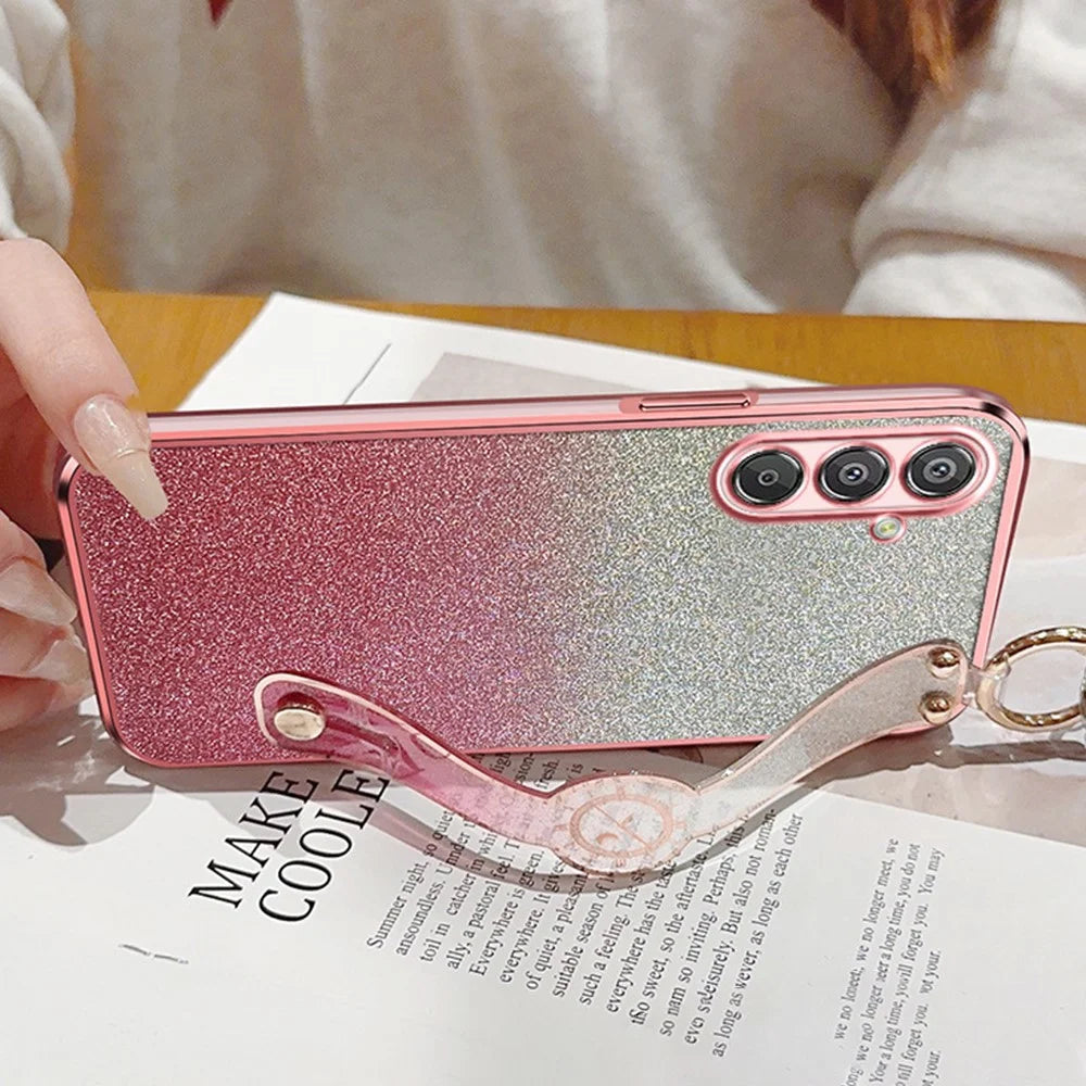 For Samsung Galaxy S25+ Case Electroplated Glitter Hand Strap Kickstand TPU Back Cover with Shoulder Strap - Pink - 2